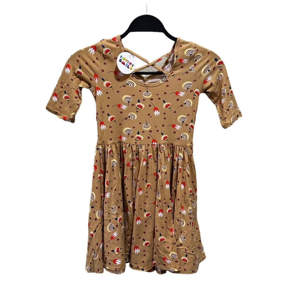 Dot Dot Smile Girls Tan Abstract Floral Fit & Flare Dress Crisscross Back Size 7 - Picture 2 of 4